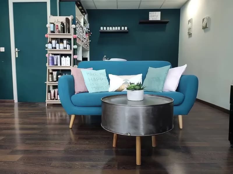 L'espace d'accueil du salon, avec son canapé bleu